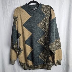 Vintage Raffi Linea‎ Uomo  Sweater Men's Large Green Tan Made in Italy Geometric